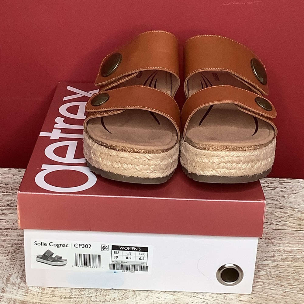 AETREX Sofie Cognac Leather Platform Sandals Jute Trim Arch Support Memo… - Picture 6 of 16